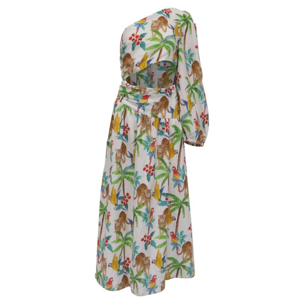 Farm Rio Tropical Paradise One Shoulder Midi Dress in Multicolor Linen